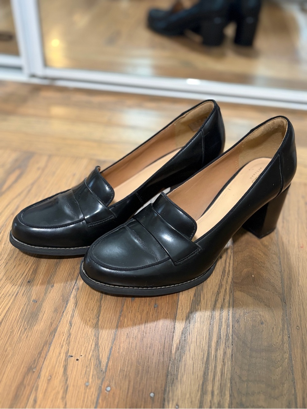 Clarks Black Leather Block-Heel Penny Loafers